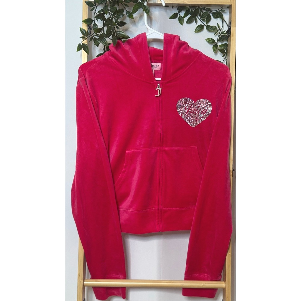 Juicy Couture Velour Hoodie Womens L Vixen Pink Rhinestone Heart Y2K NWT